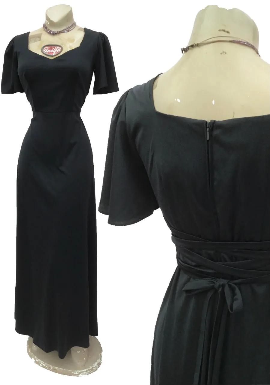 1970s Vintage Black Maxi Evening Dress with Laced Back