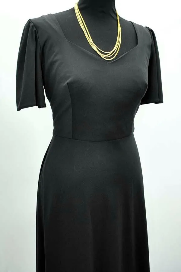 1970s Vintage Black Maxi Evening Dress with Laced Back