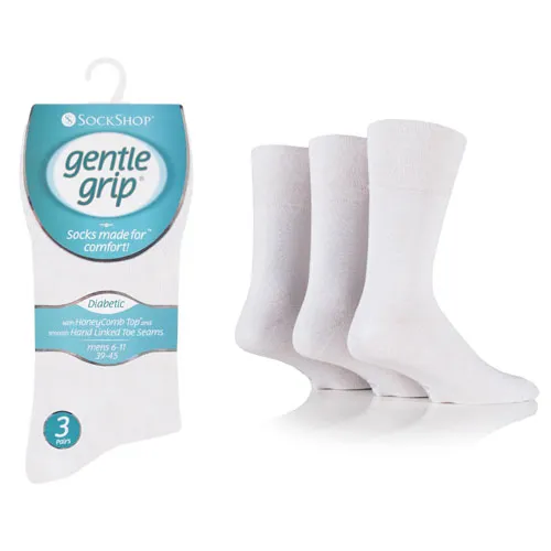 3 Pairs White - Mens Gentle Grip Non Elastic EasyFit HoneyComb Top Diabetic Socks Size 6-11