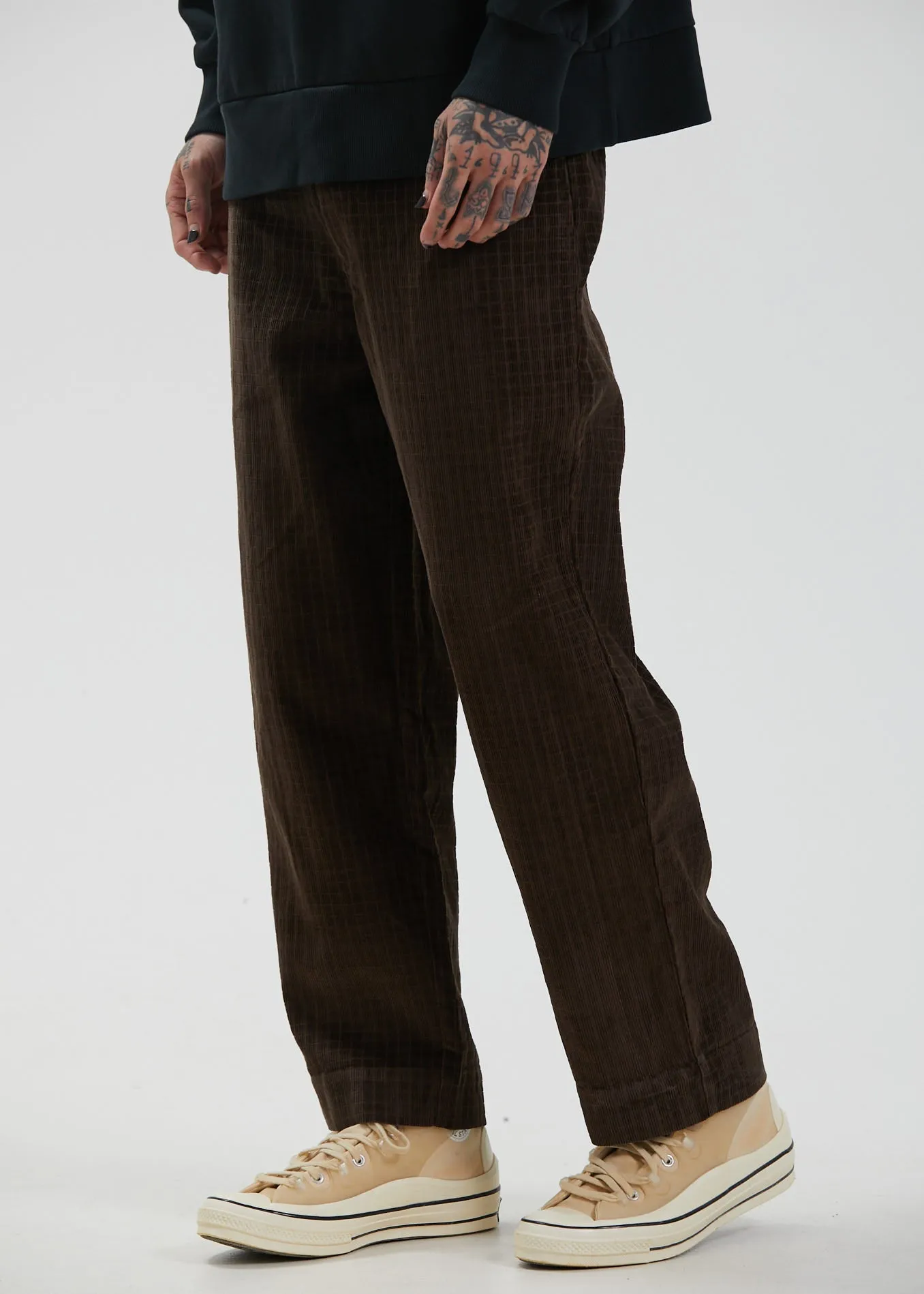 Afends Mens Couch Surfer - Hemp Check Corduroy Baggy Pants - Coffee