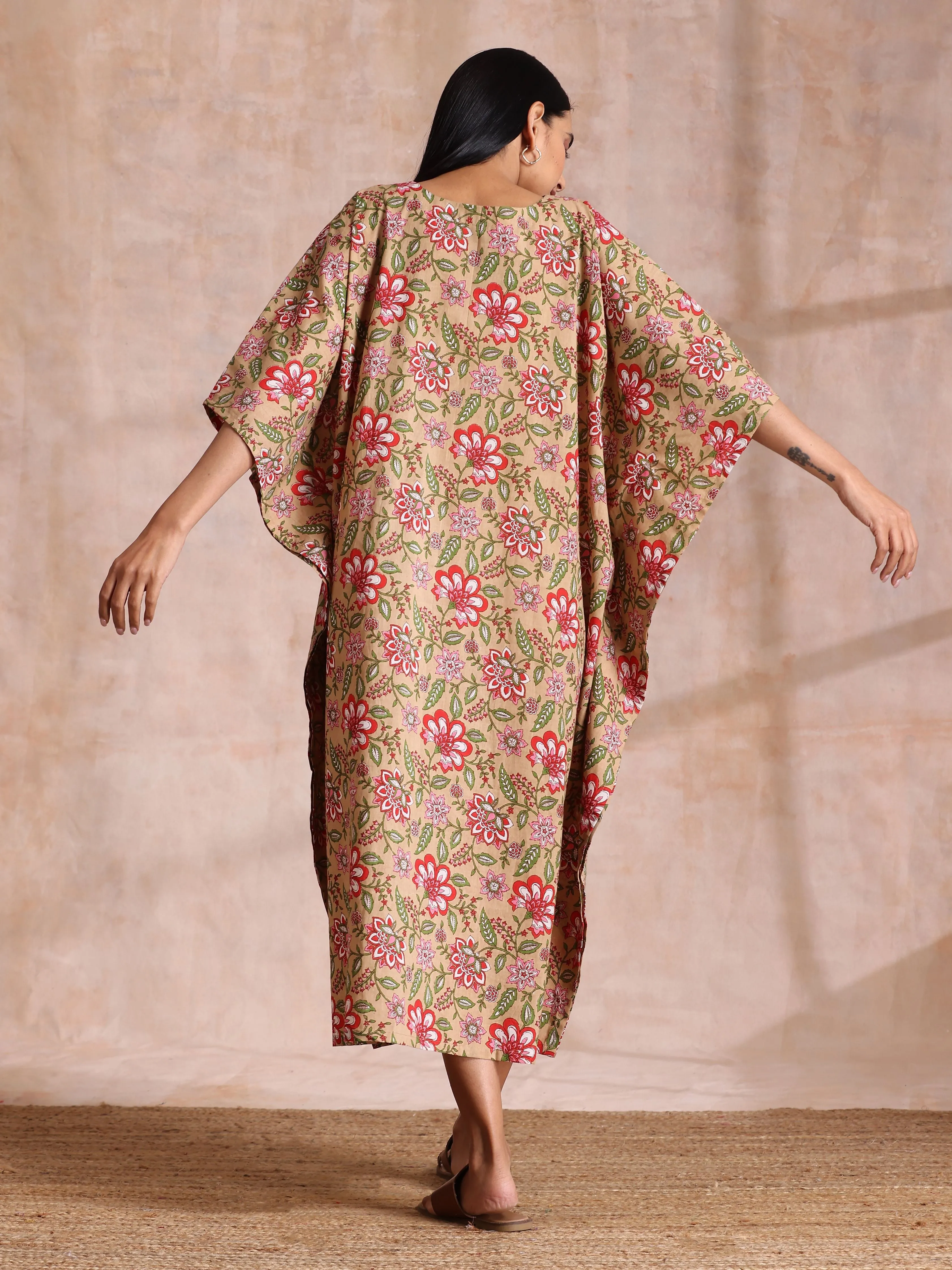 Beige Overall Big Floral Block Print Cotton Kaftan Dress