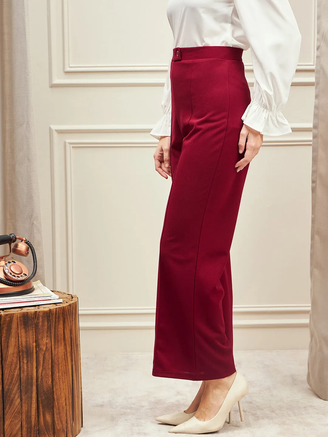 Berrylush BIZwear Women Solid Maroon High-Rise Waist Overlap-Seam Front Button Knitted Regular Palazzo Pants