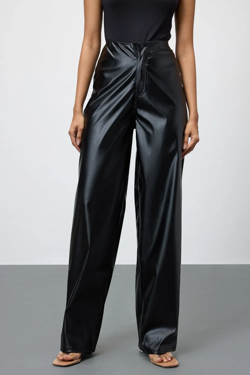 Black Straight Fit Leather Pants