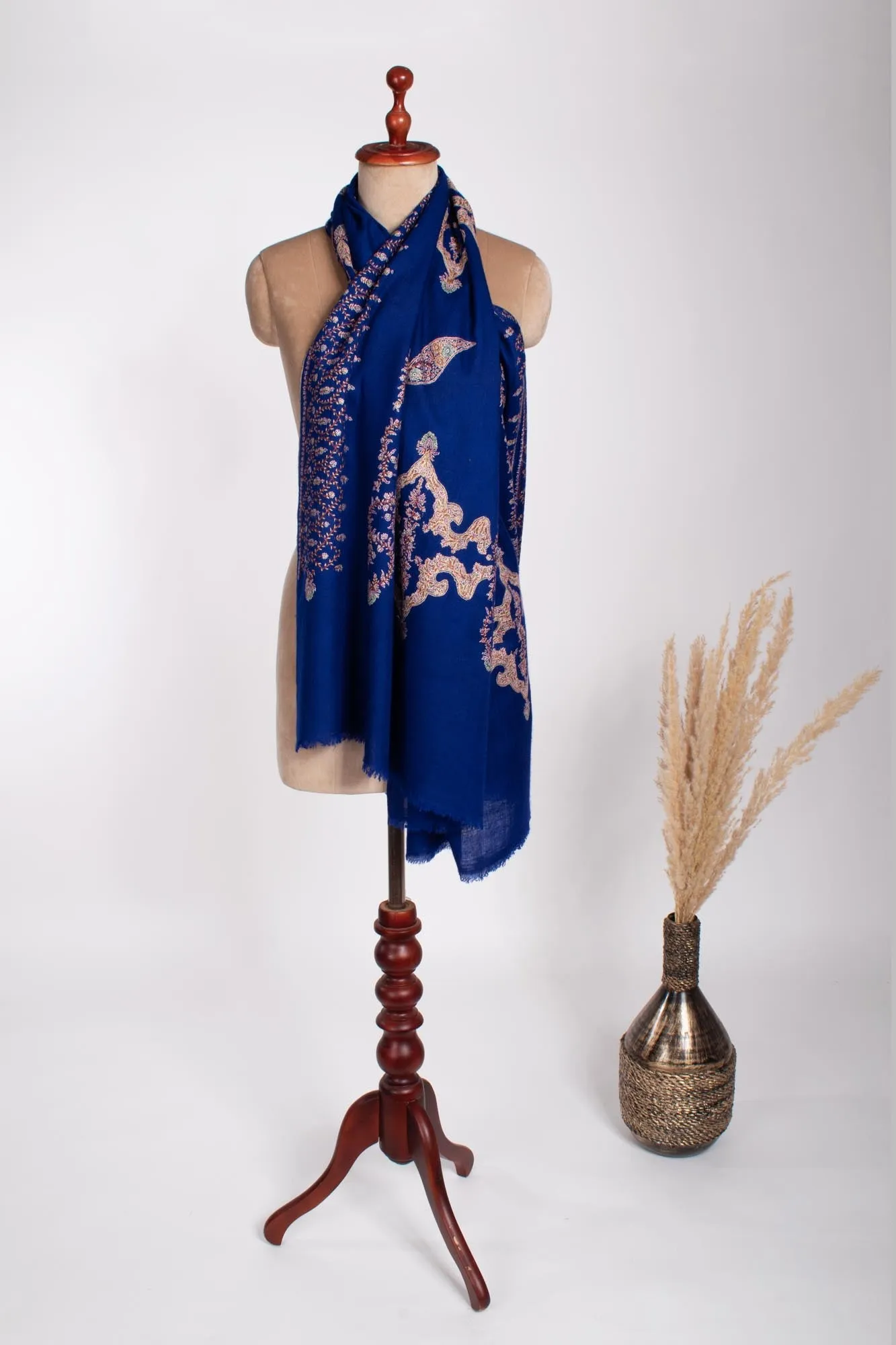 Blue Hand Embroidered Cashmere Neck Scarf - SOUTH