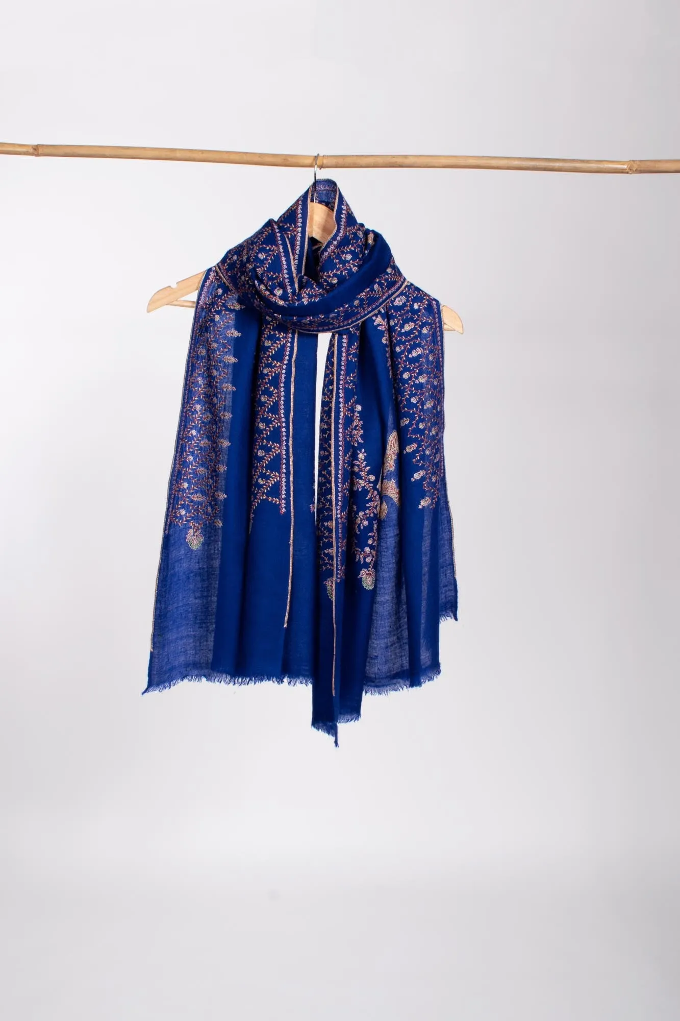 Blue Hand Embroidered Cashmere Neck Scarf - SOUTH