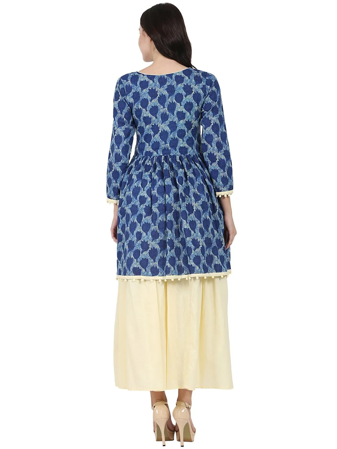 Blue Printed 3/4Th Sleeve Cotton Anarkali Kurta With Beige Flared Skirt