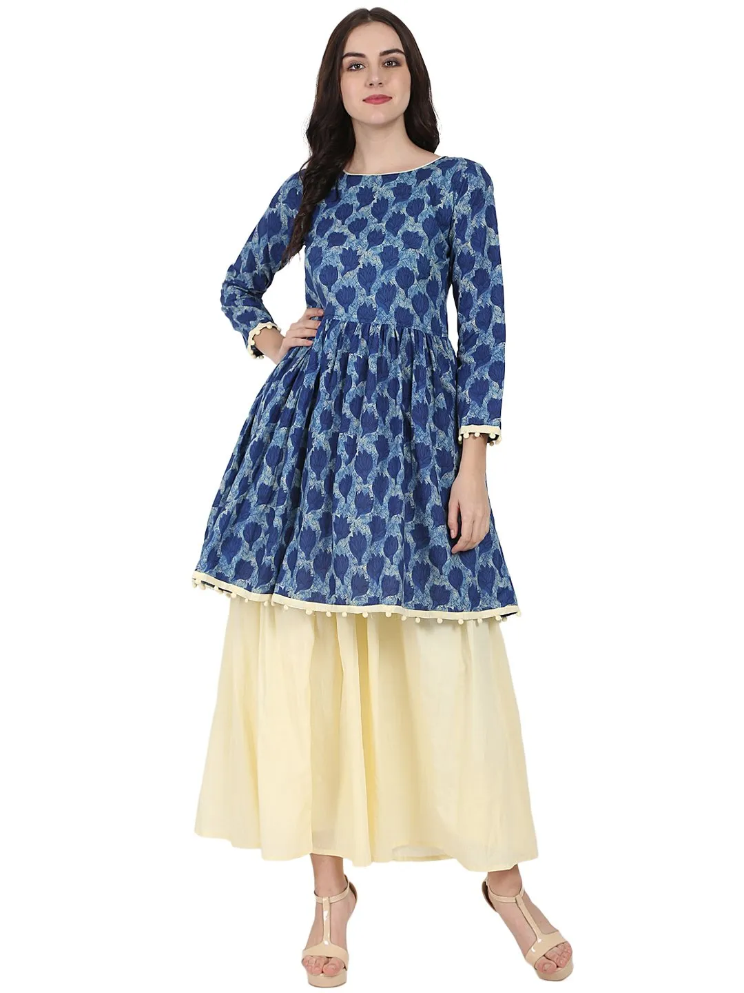 Blue Printed 3/4Th Sleeve Cotton Anarkali Kurta With Beige Flared Skirt