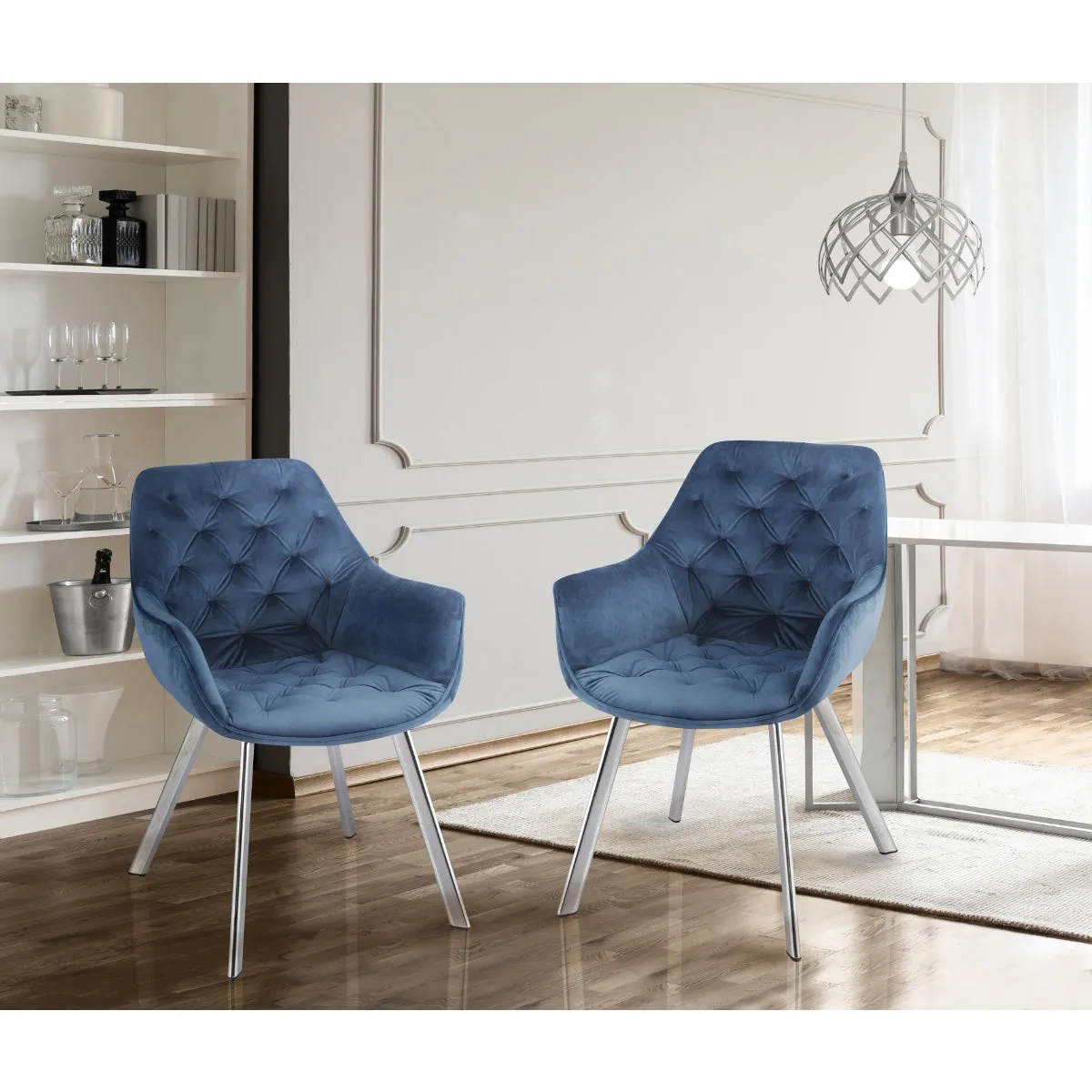 Blue Velvet Chrome Armchair - Set of 2