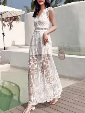 Bohemian Holiday Lace Sexy Backless Beach Long Dress