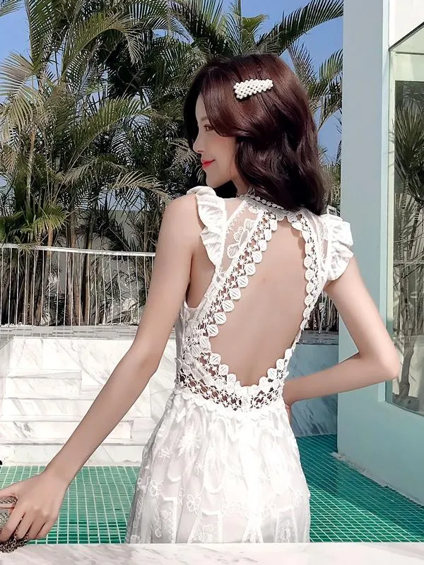 Bohemian Holiday Lace Sexy Backless Beach Long Dress