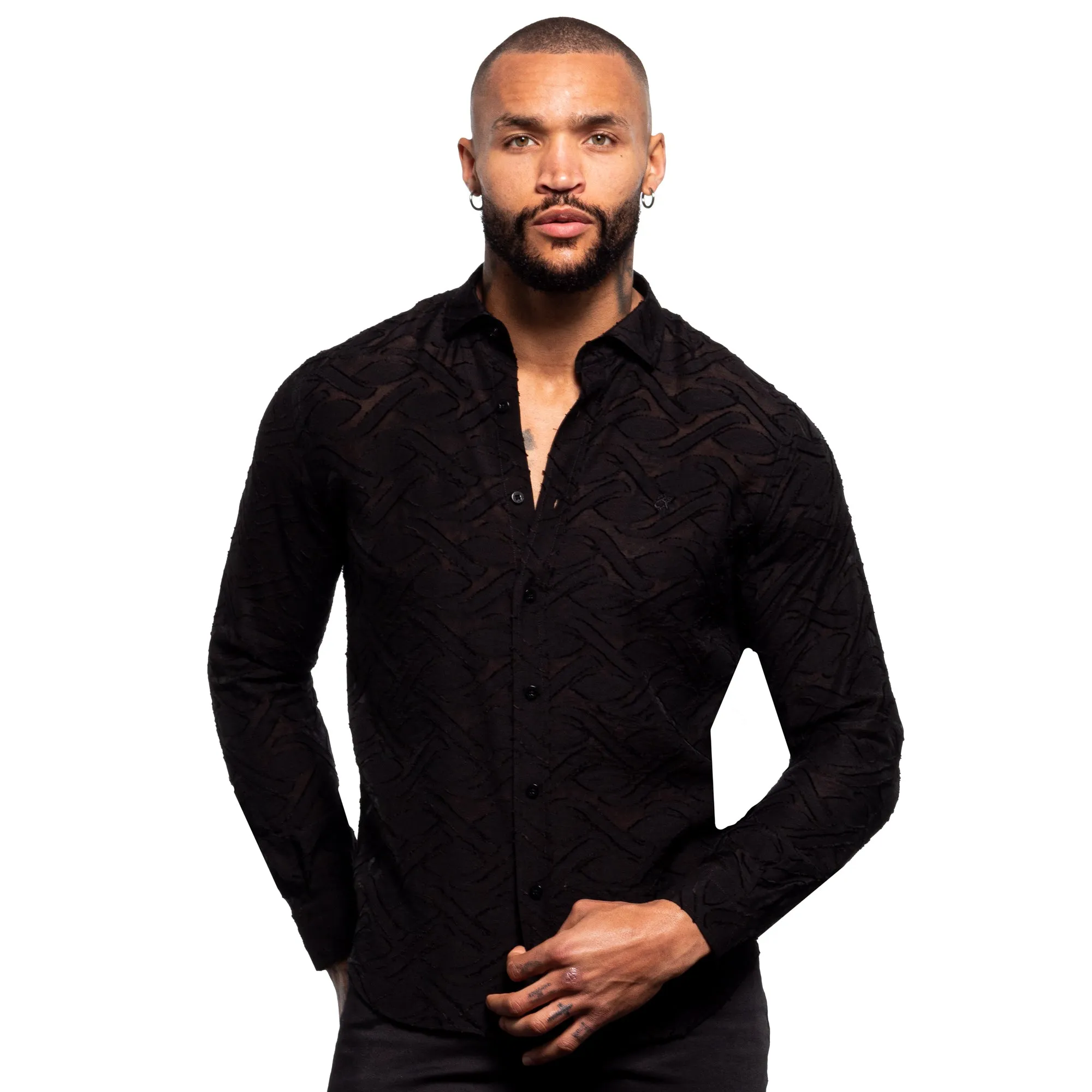 Burnout Jacquard Button Down Shirt - Black