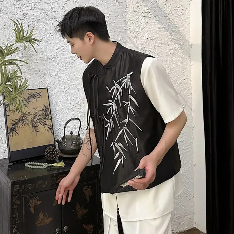 Chinese Style Waistcoat Men's Summer Embroidery Stand Collar Knot Button Vest Sleeveless Tank Top Male Chic 9C5841