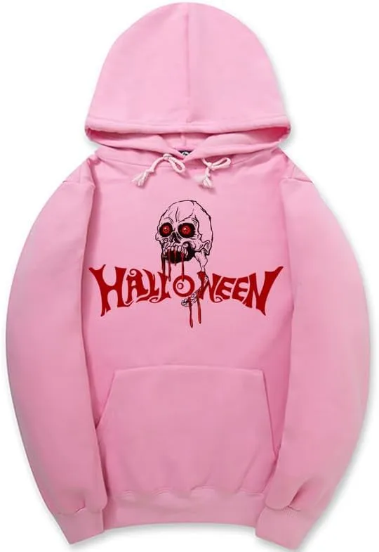 CORIRESHA Halloween Skull Hoodie Long Sleeve Drawstring Cotton Unisex Bloodstained Sweatshirt