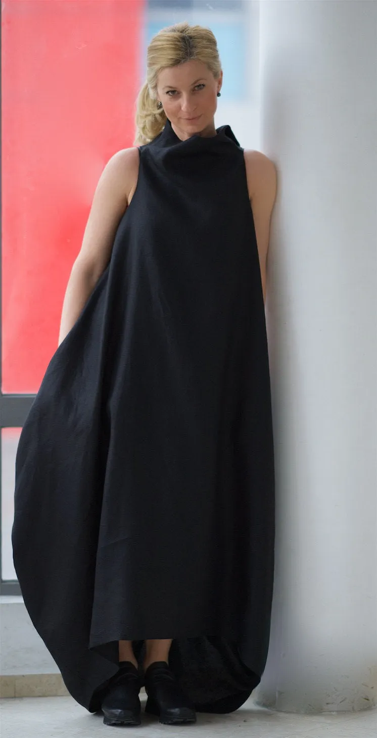 Cowl Neck Linen Dress in Black