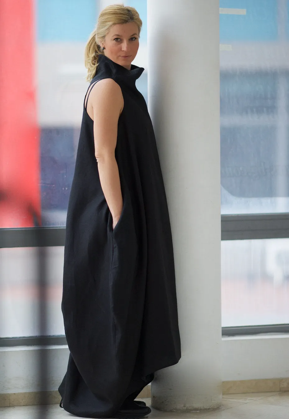 Cowl Neck Linen Dress in Black