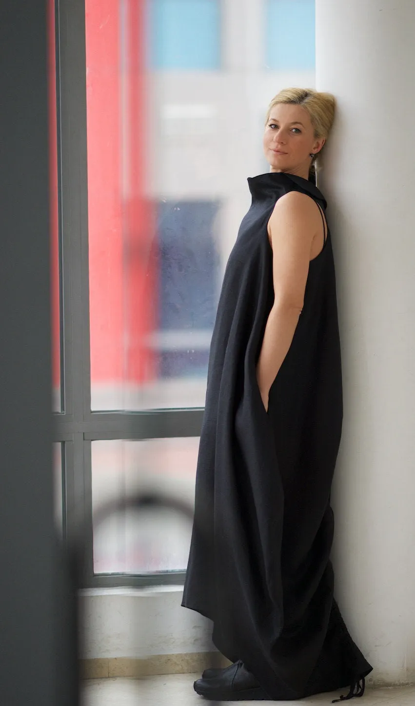 Cowl Neck Linen Dress in Black