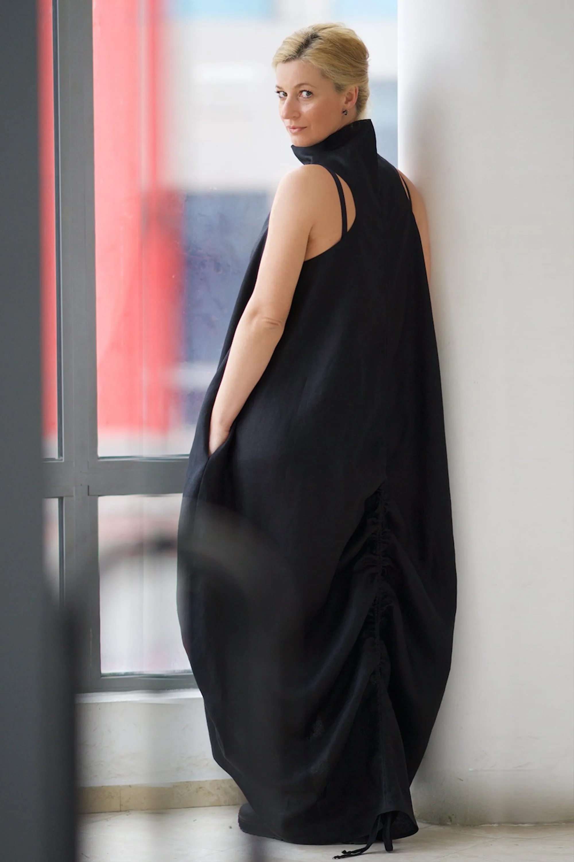 Cowl Neck Linen Dress in Black