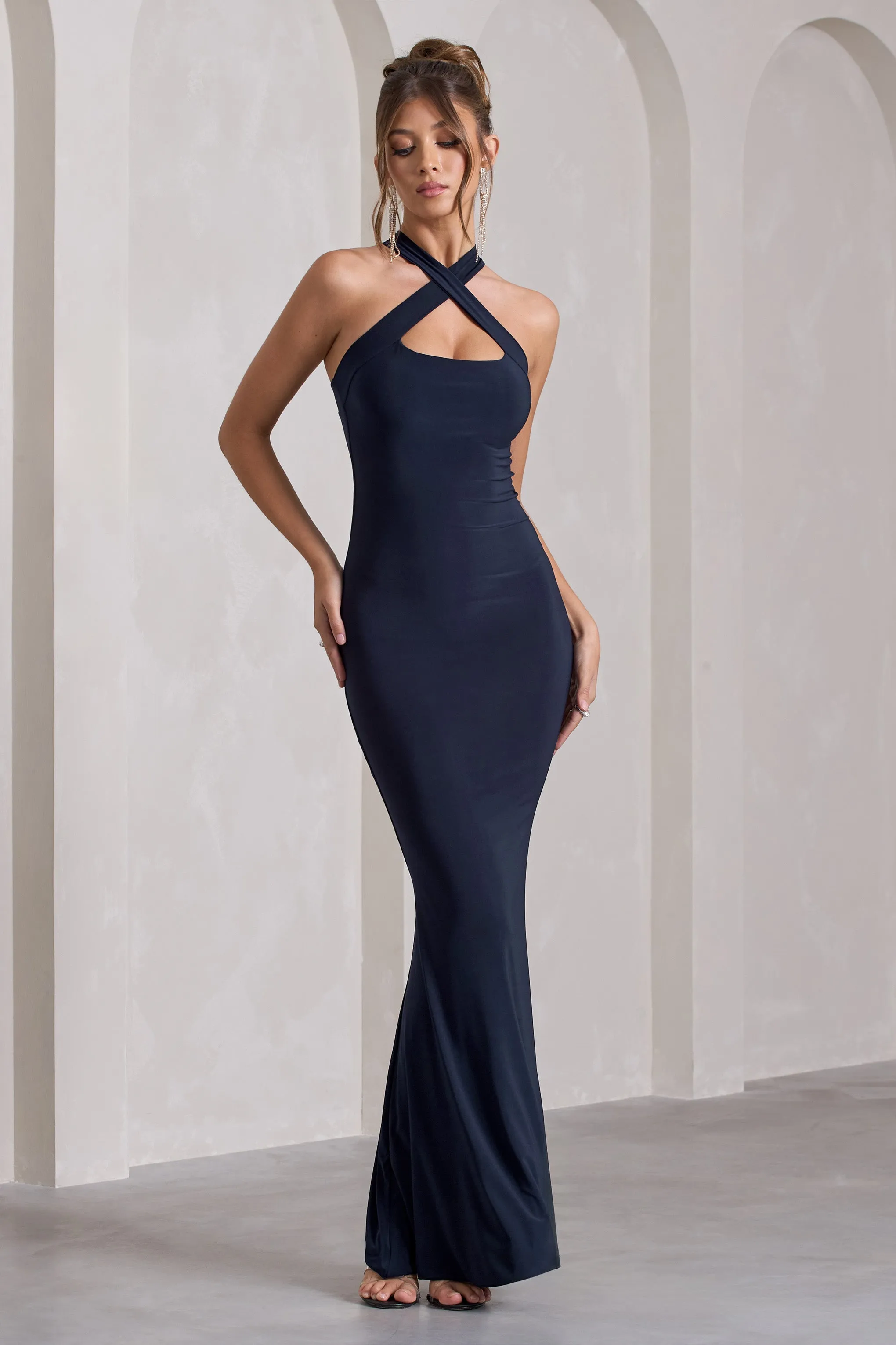 Cross My Heart | Navy Sleeveless Cross-Neck Maxi Dress