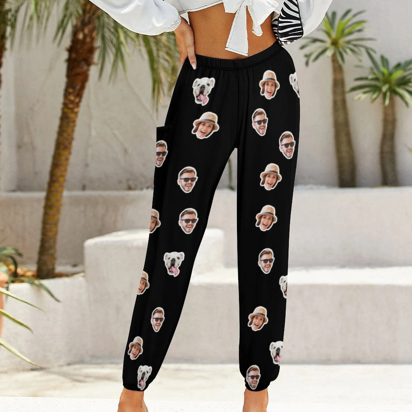 Custom Face Couple Pet Black Background Women's Jogger Casual Trousers Elastic Waist Sports Pants With Pocket