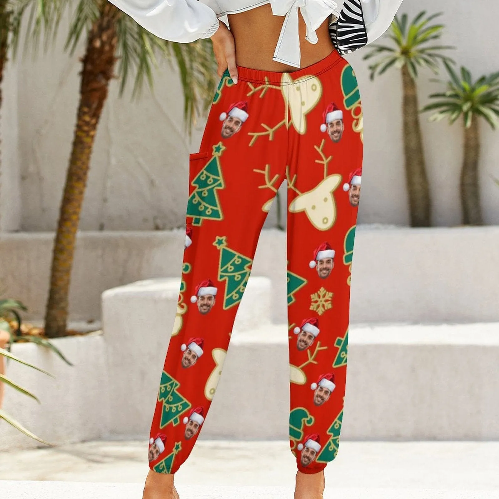 Custom Face Elk Christmas Tree Women's Jogger Casual Trousers Elastic Waist Sport Pants With Pocket