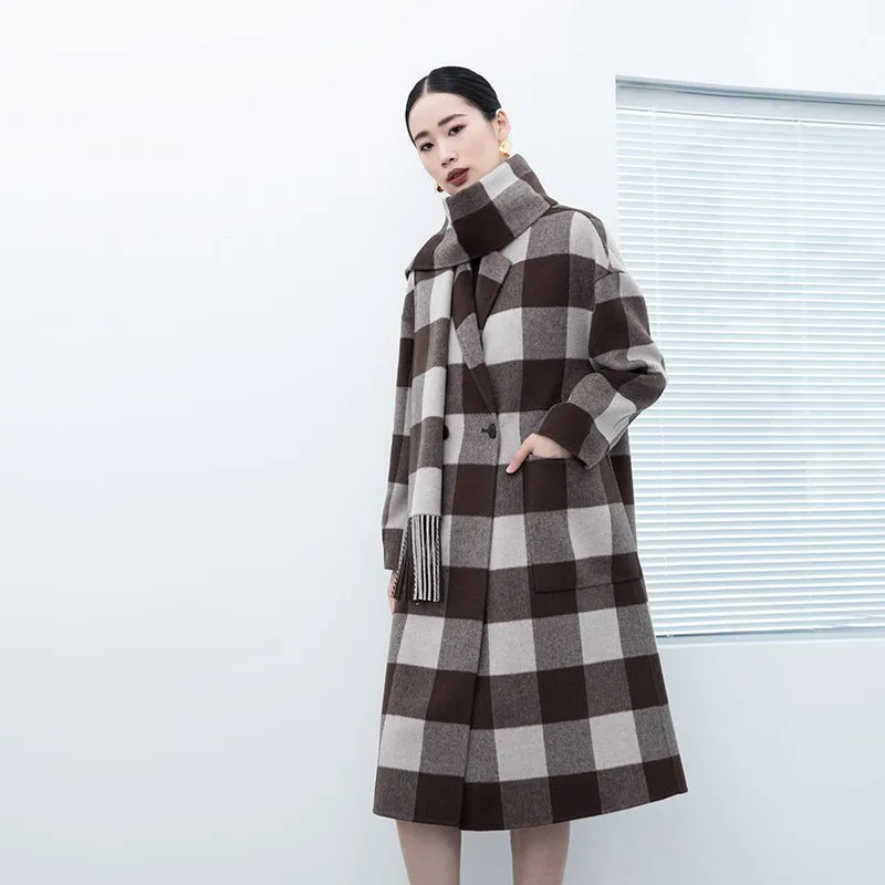 Dark Brown Grid Pattern Long Wool Coats with Scarf