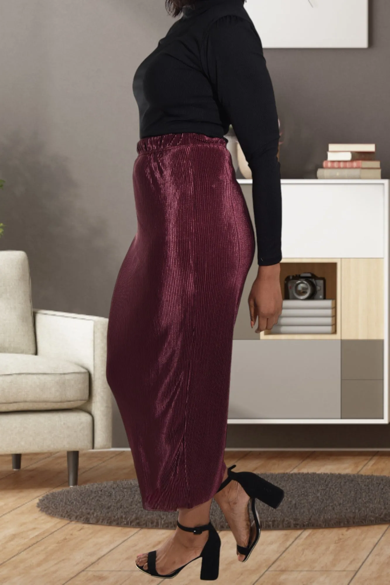 Elastic Waist Burgundy Pencil Skirt