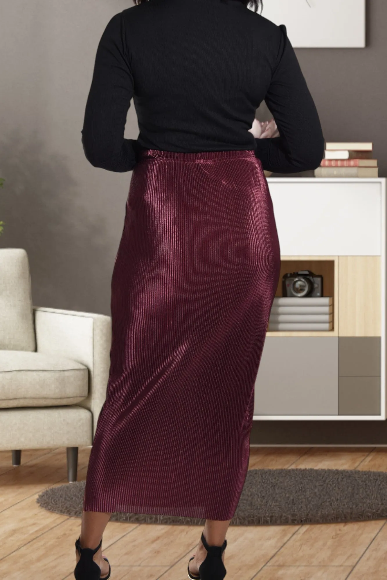 Elastic Waist Burgundy Pencil Skirt