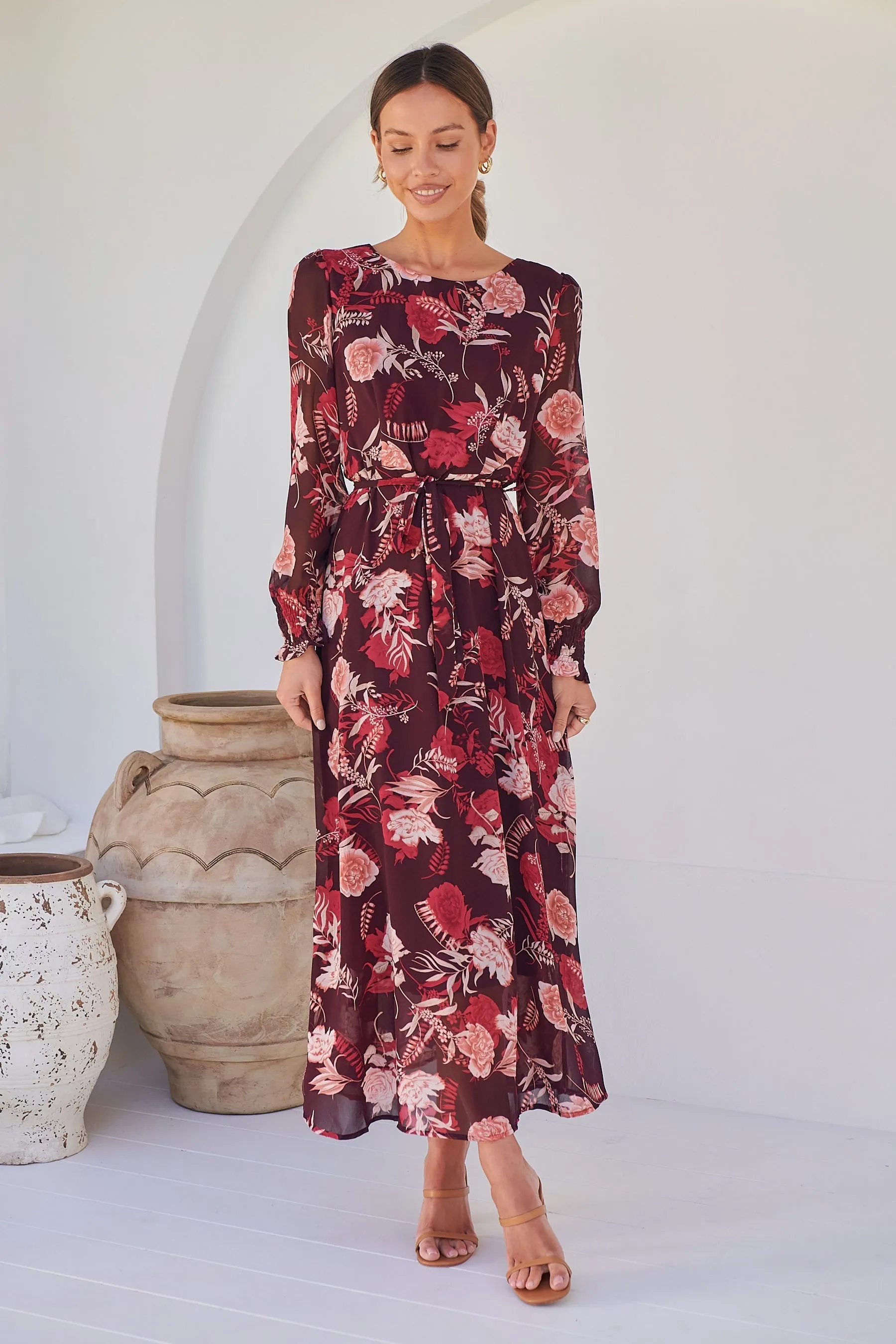 Evora Burgundy Floral Chiffon Evening Dress