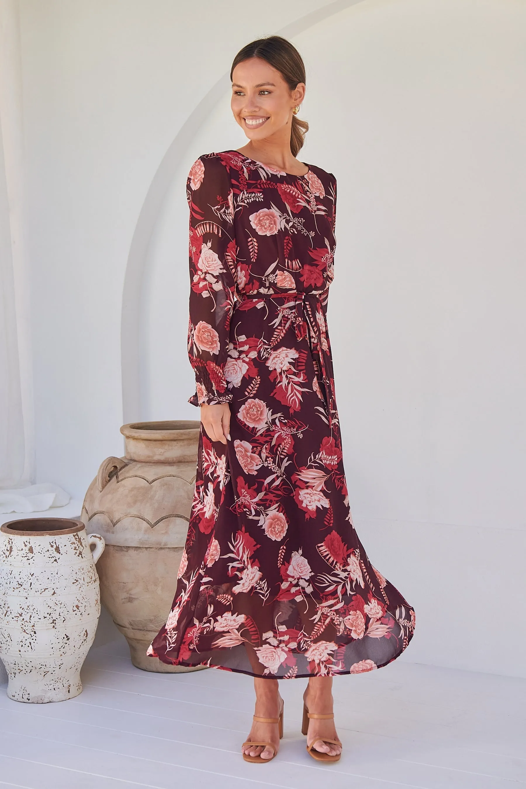 Evora Burgundy Floral Chiffon Evening Dress