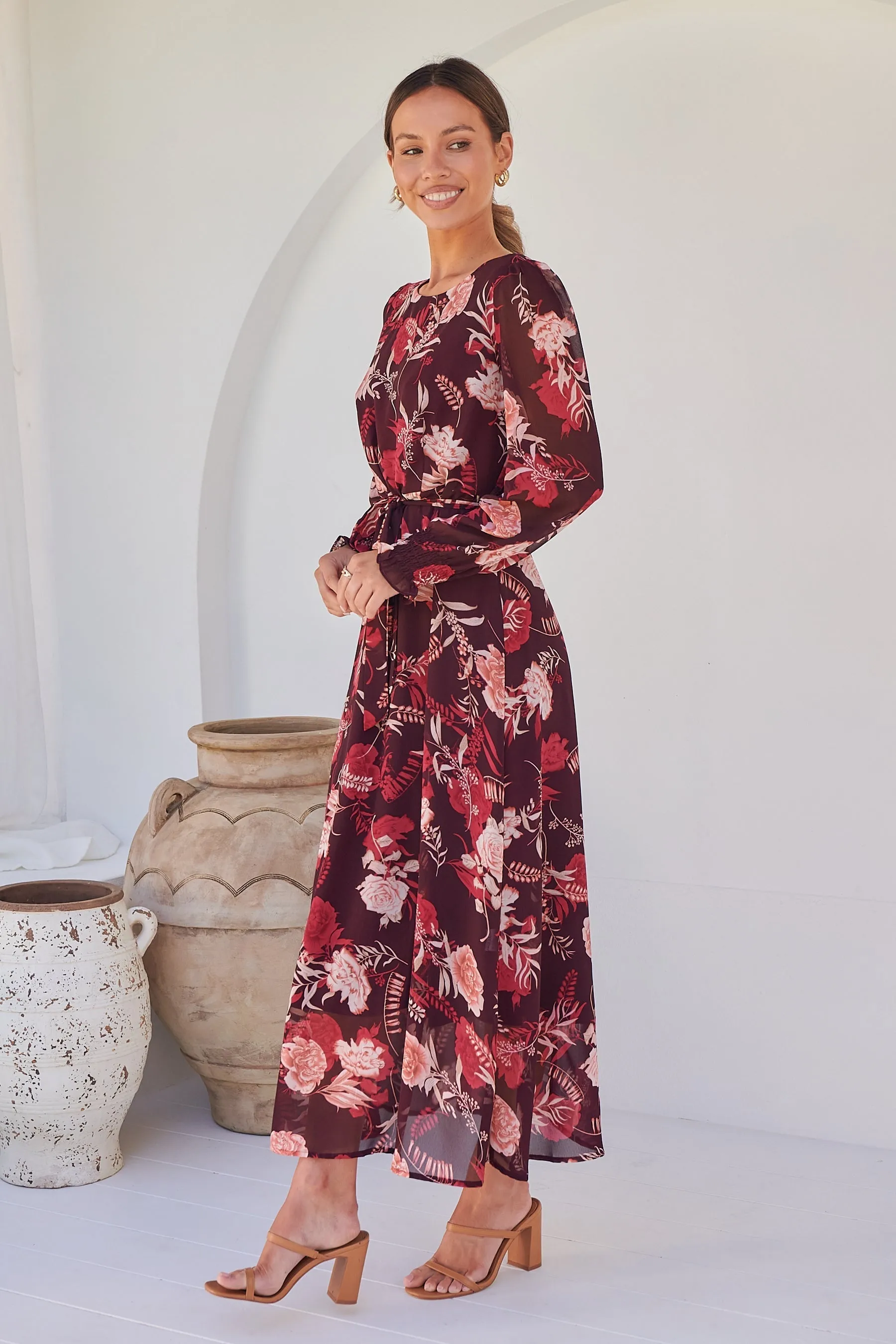 Evora Burgundy Floral Chiffon Evening Dress