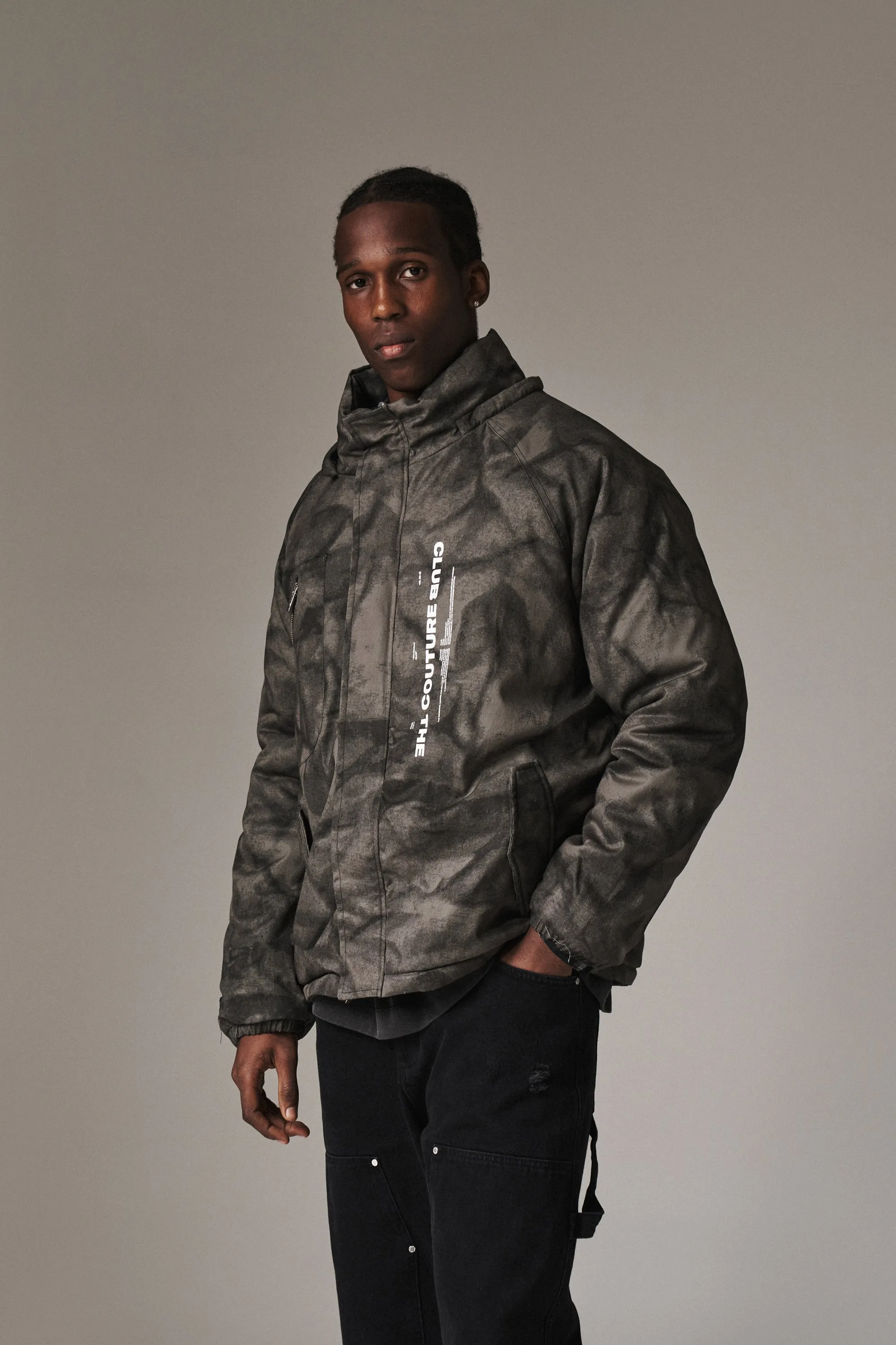 FUR HOODED CAMO PARKA - WASHED BLACK *