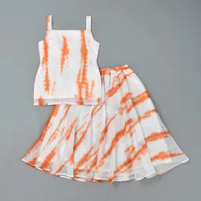 Girl's White Tie Dye Kurta Skirt Set - Rangpur