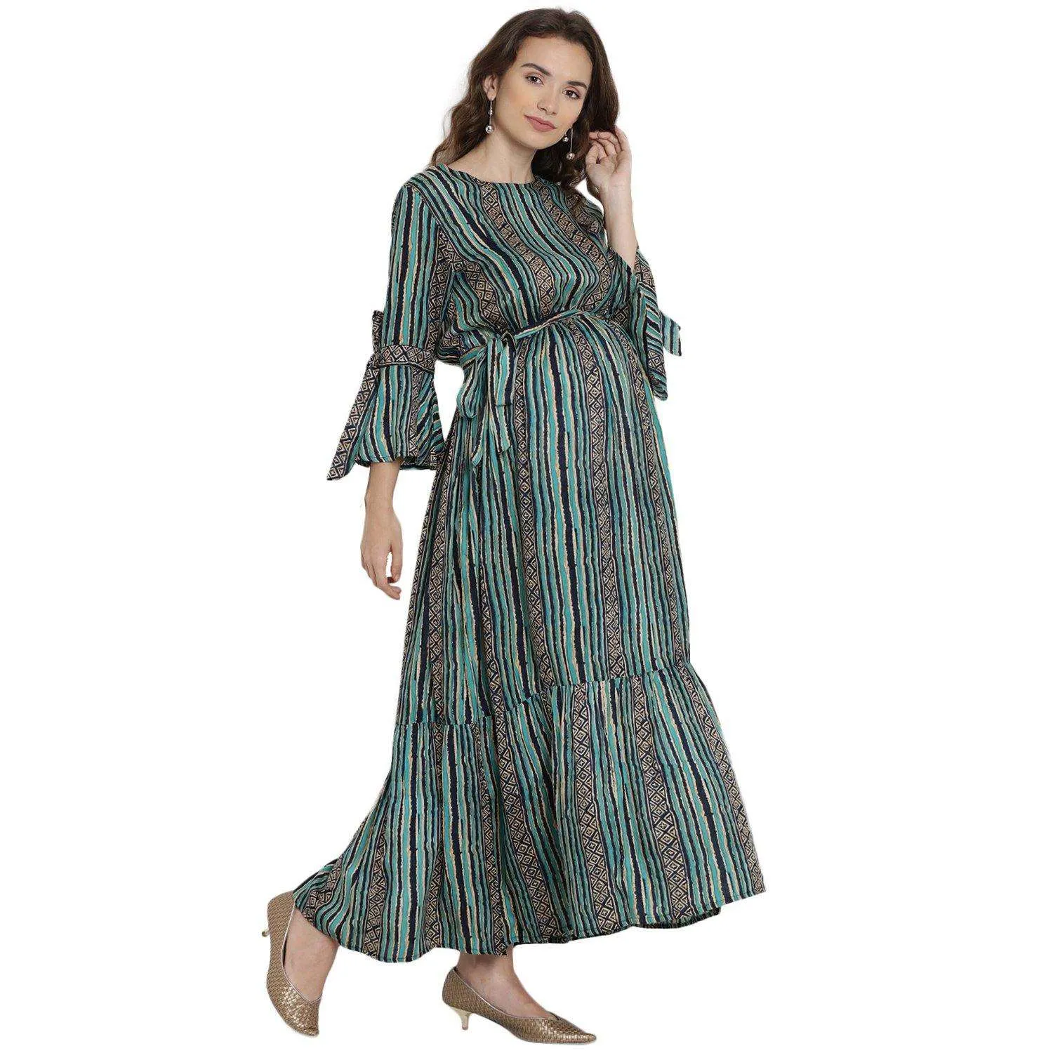 Green Stripe Maternity & Nursing Maxi Dress