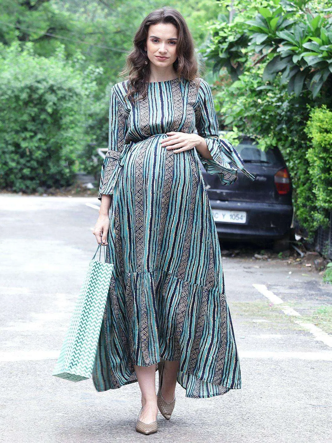 Green Stripe Maternity & Nursing Maxi Dress