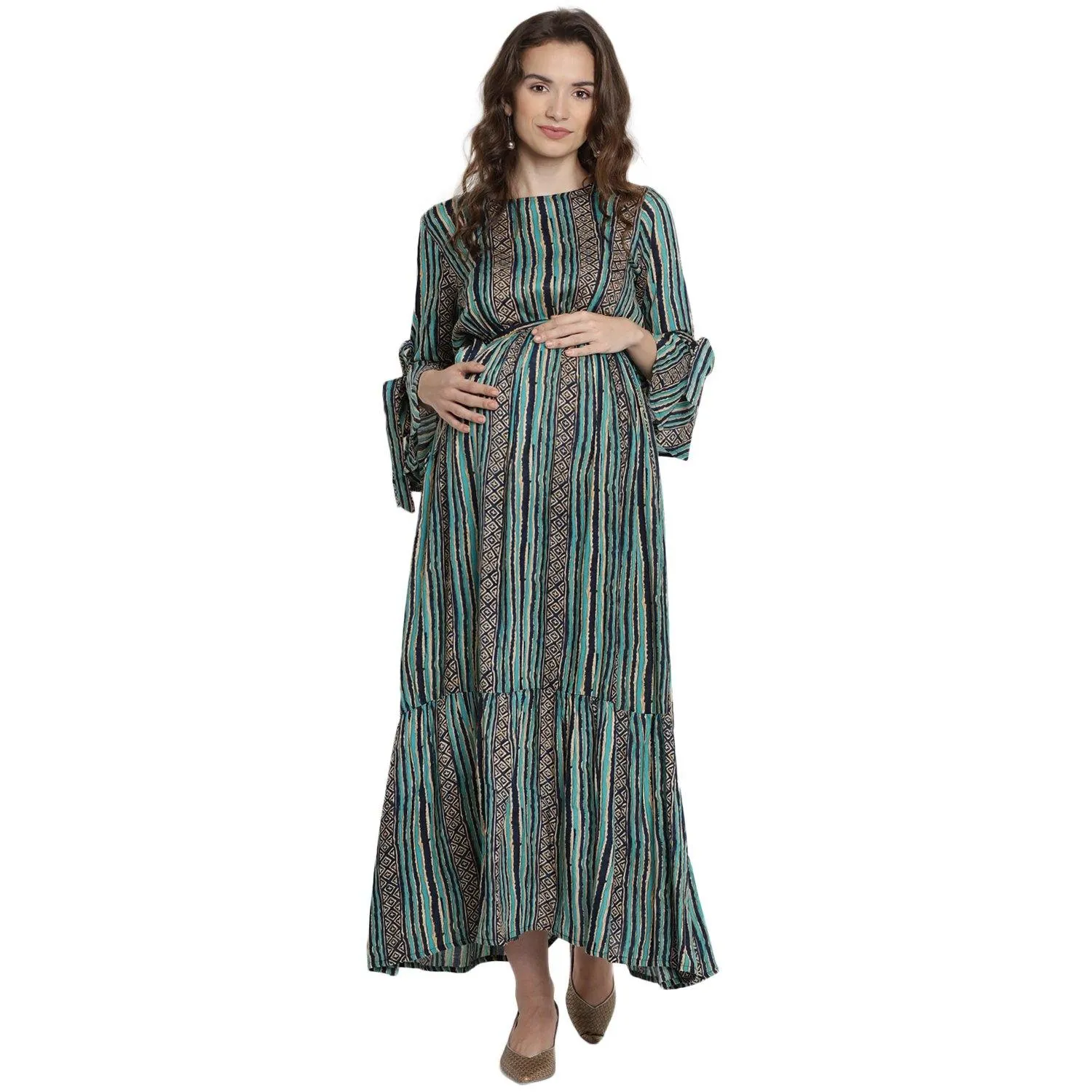 Green Stripe Maternity & Nursing Maxi Dress