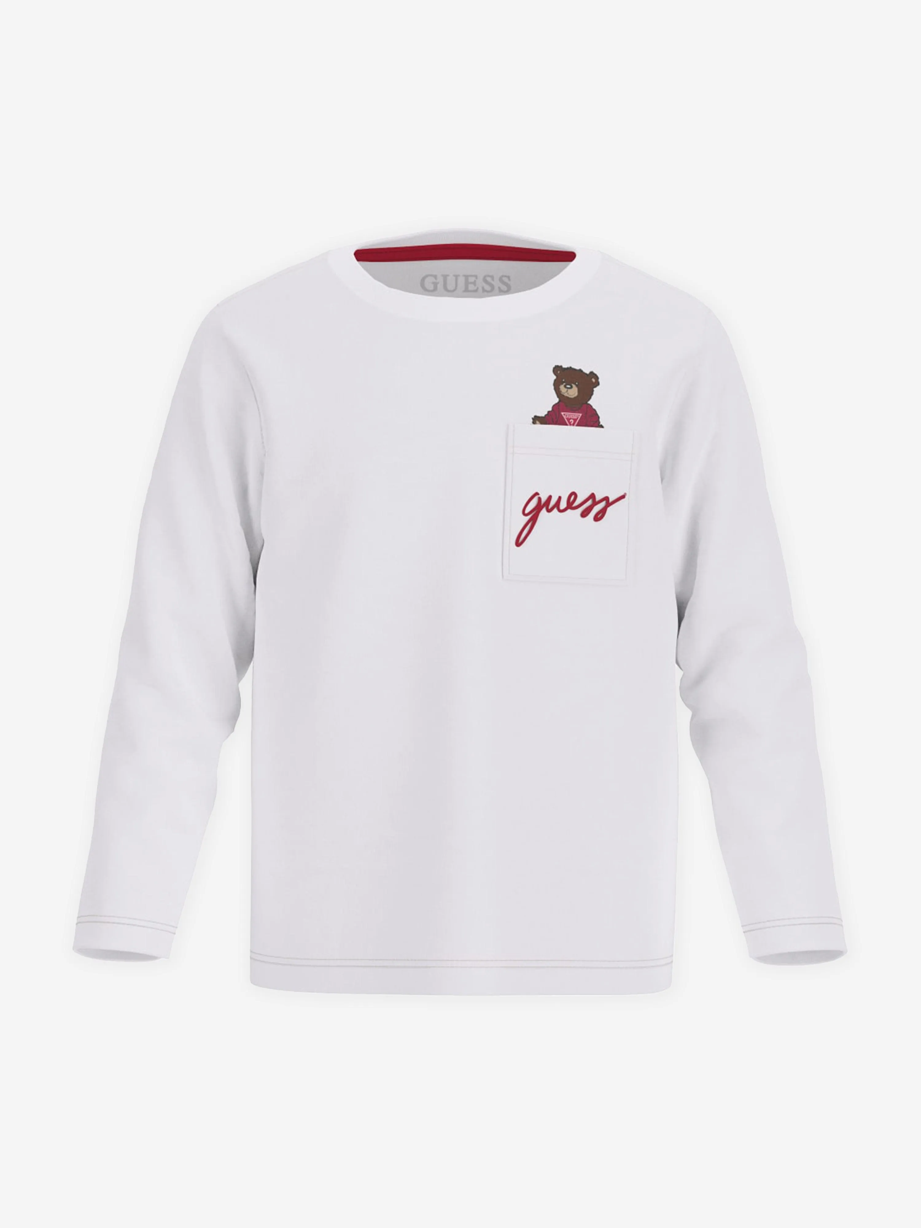 Guess Boys Long Sleeve Bear Pocket T-Shirt in White