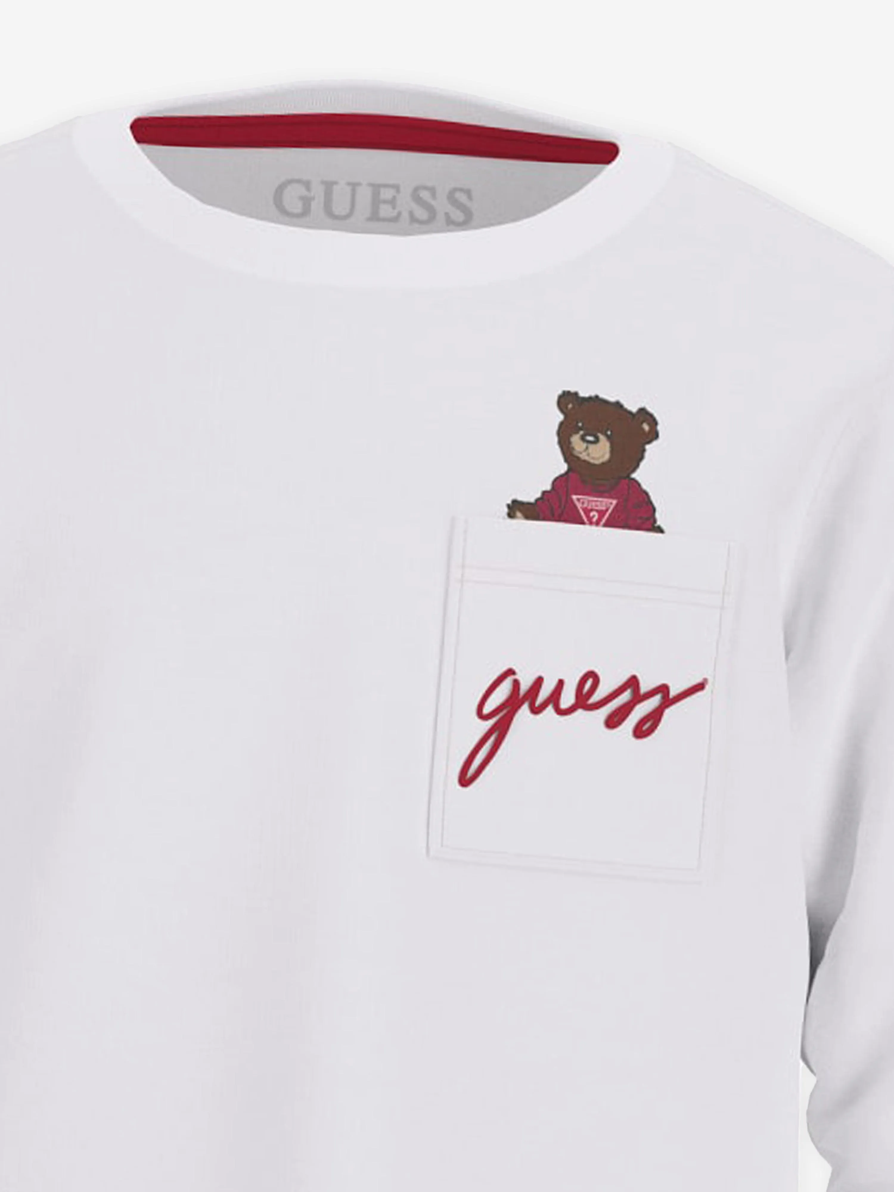 Guess Boys Long Sleeve Bear Pocket T-Shirt in White