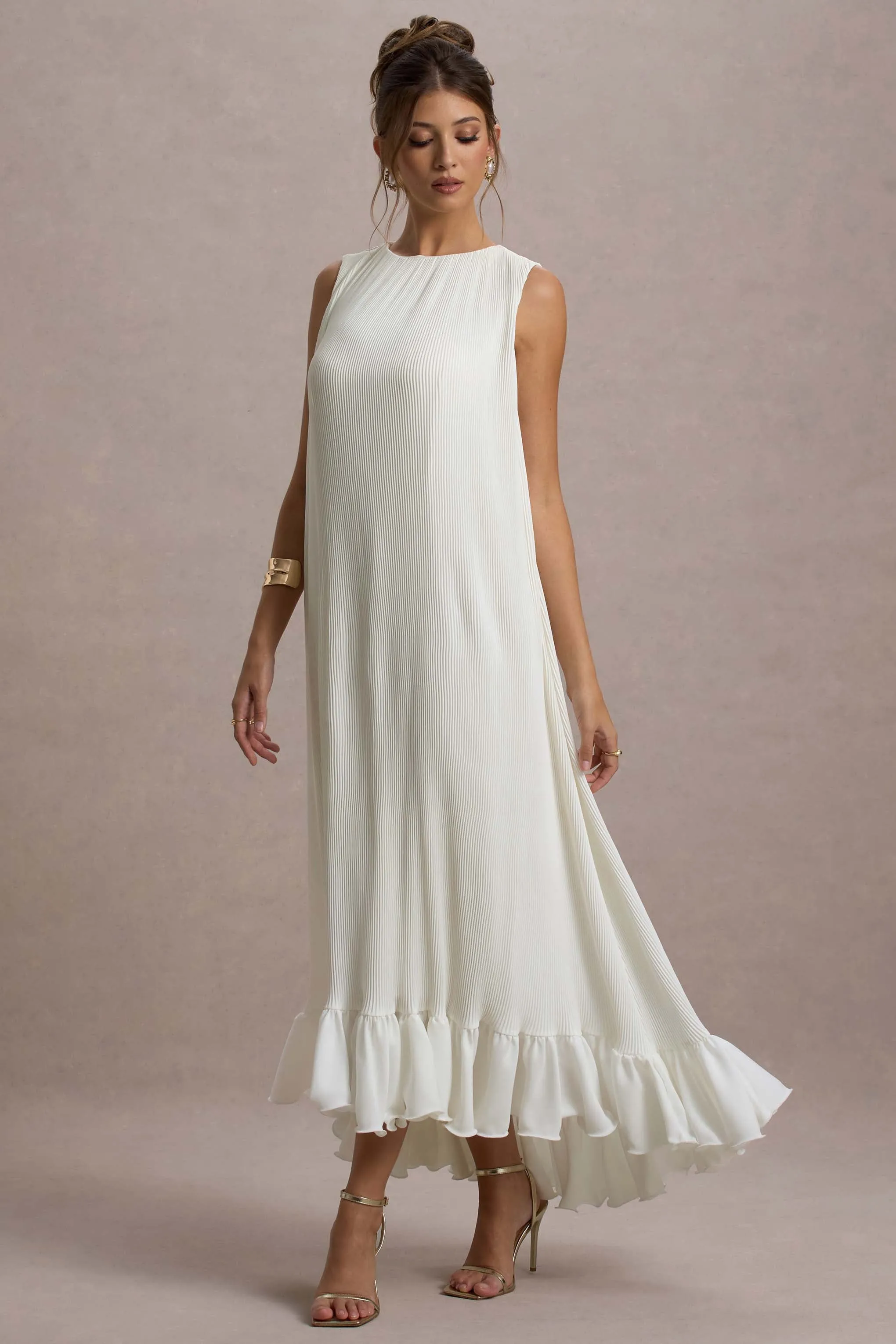 Hazelle | Cream Chiffon A-Line Ruffled Maxi Dress