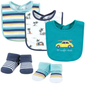 Hudson Baby Cotton Bib and Sock Set, Surfer Dude