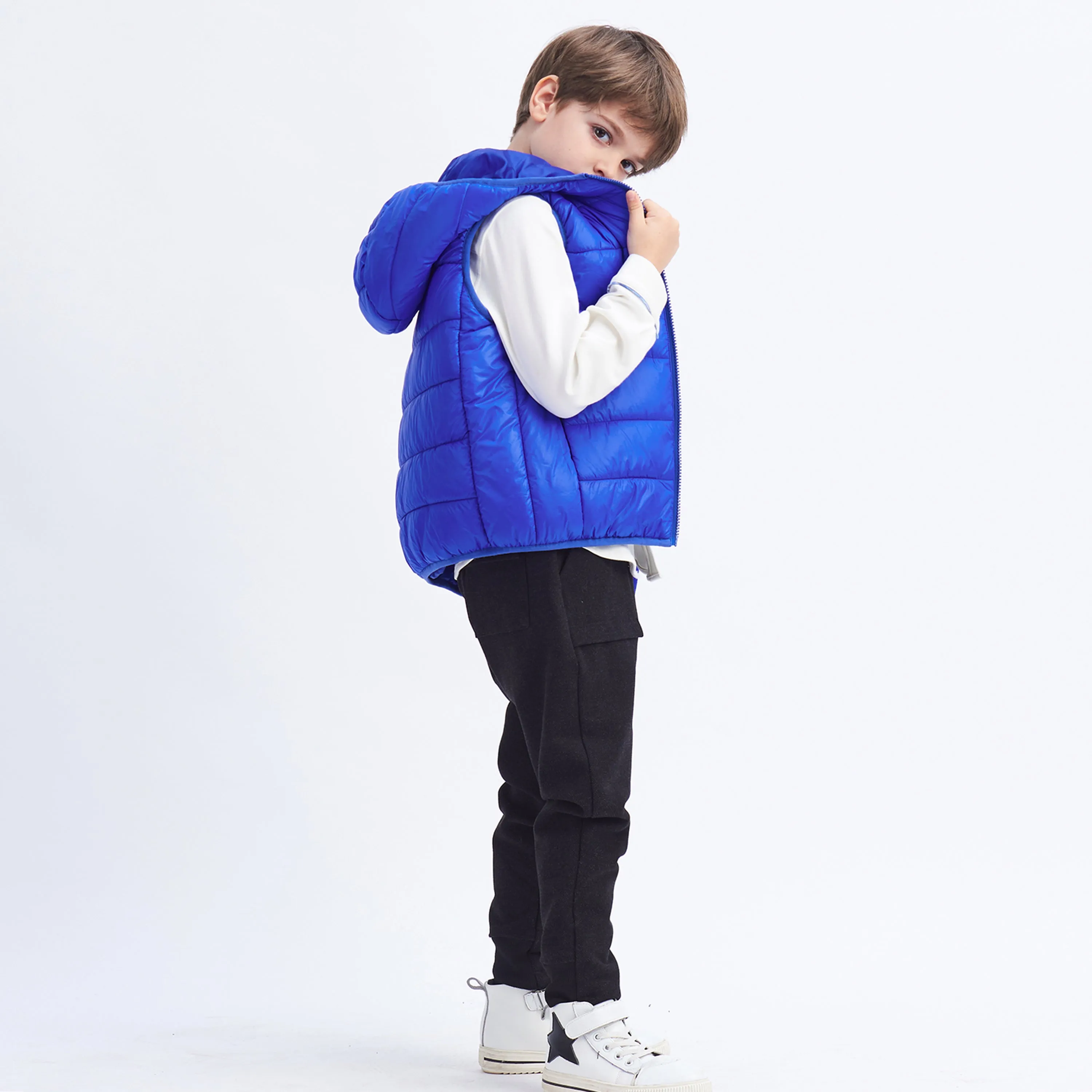 IKALI Boys Girls Lightweight Puffer Vest Kids Hooded Sleeveless Gilet Blue