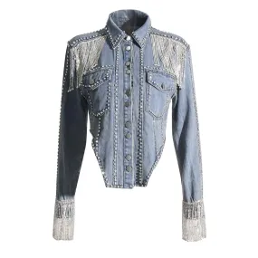 Irregular Denim Jackets For Women Lapel Long Sleeve Patchwork Tassel Autumn Coat Female Fashion Style Clothing