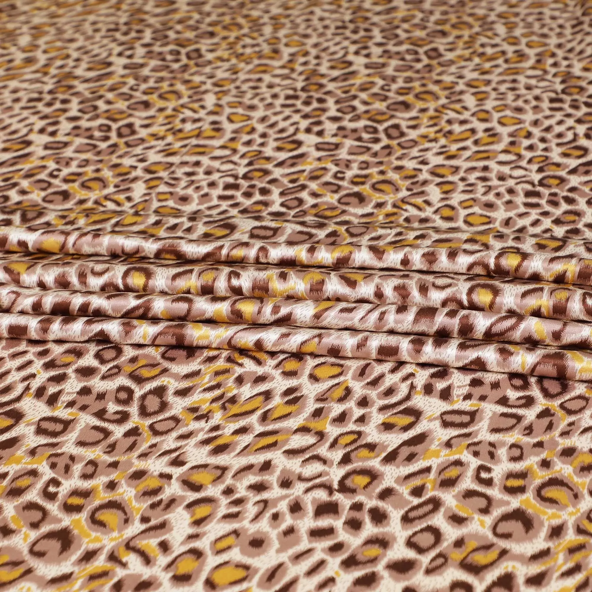 Light pink premium 100% Pure silk satin fabric with pale brown, mustard yellow and chocolate brown print in animal skin design-D9296