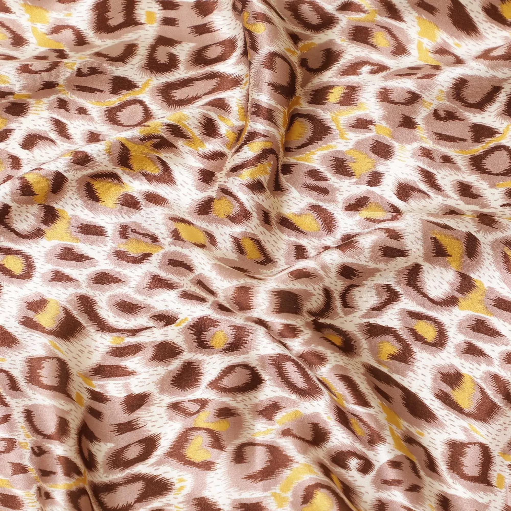 Light pink premium 100% Pure silk satin fabric with pale brown, mustard yellow and chocolate brown print in animal skin design-D9296