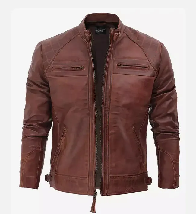 Men's Brown Cafe Racer Diamond Quilted Leather Jacket