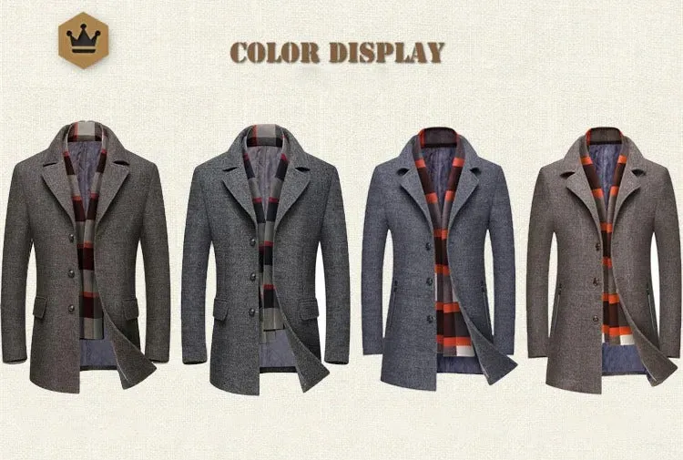 Men's Business Woolen Jacket Turn Down Collar Slim Fit Warm Mid Long Trench Overcoat