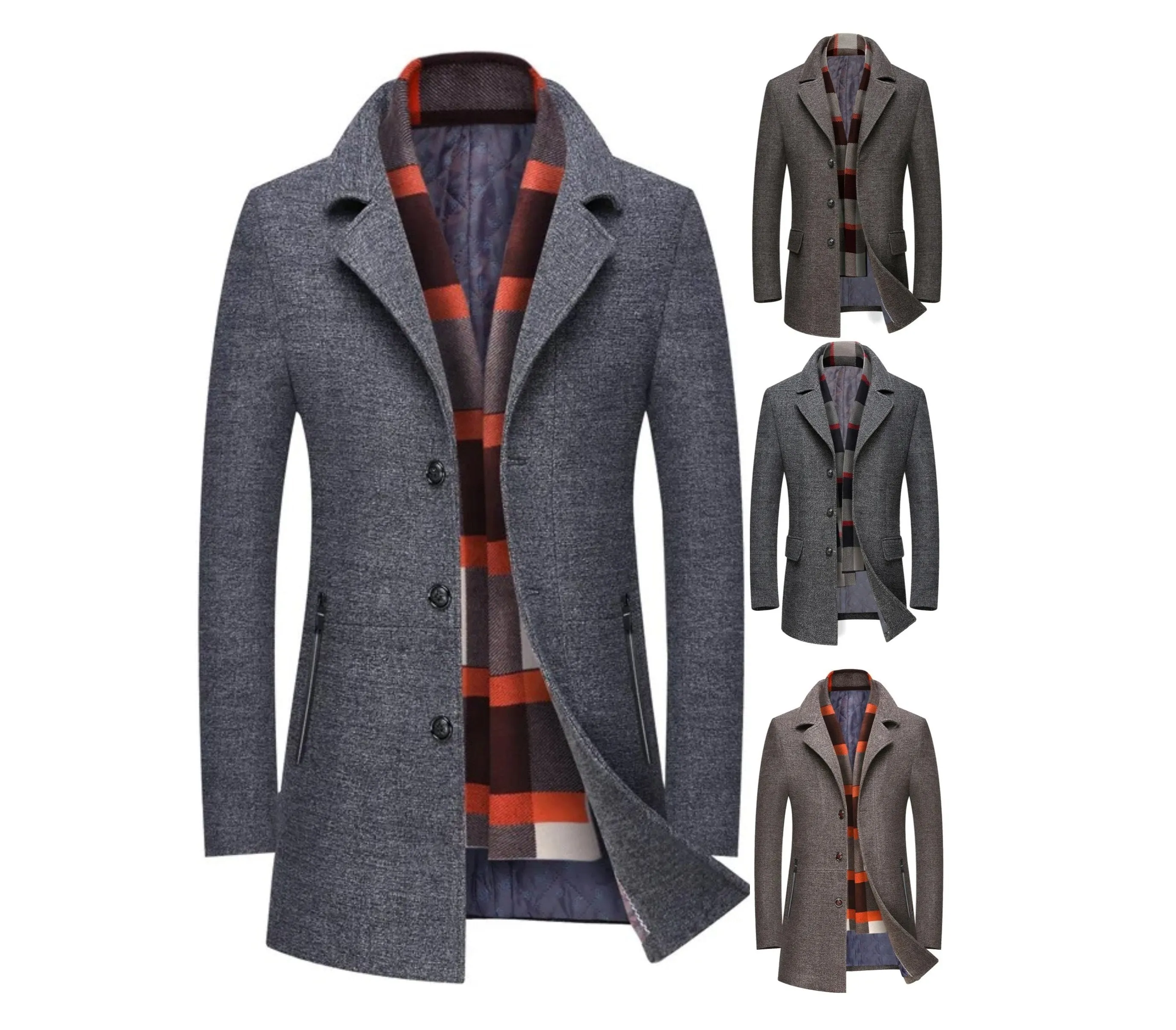 Men's Business Woolen Jacket Turn Down Collar Slim Fit Warm Mid Long Trench Overcoat