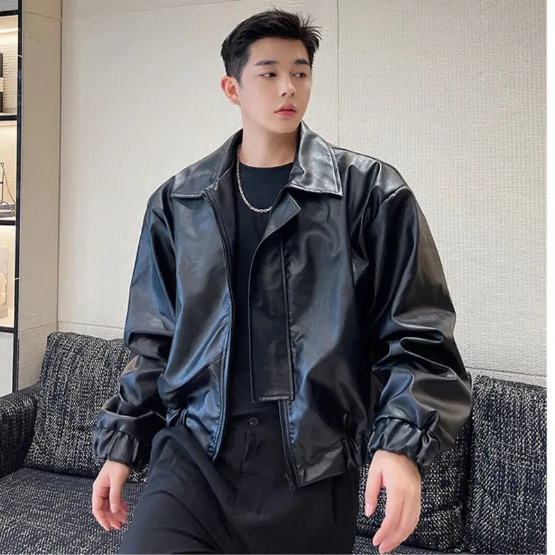 Men's Fashion Chic PU Leather Jacket Loose Lapel Zipper Long Sleeve Black Oversize Short Coat Autumn Winter Chic