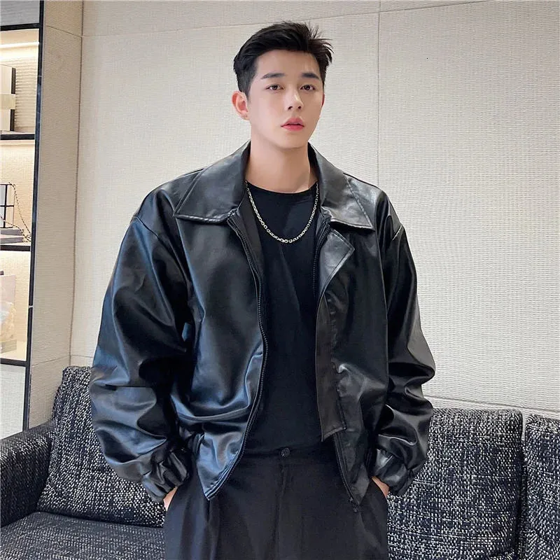 Men's Fashion Chic PU Leather Jacket Loose Lapel Zipper Long Sleeve Black Oversize Short Coat Autumn Winter Chic