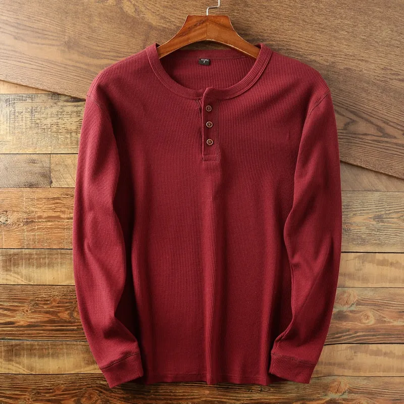 New Fashion Mens Henley Shirts Long Sleeve Half Button Up Thermal Waffle Knit Tops Tees US Size XS-XL