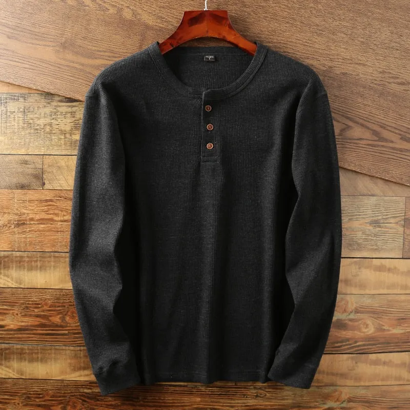 New Fashion Mens Henley Shirts Long Sleeve Half Button Up Thermal Waffle Knit Tops Tees US Size XS-XL